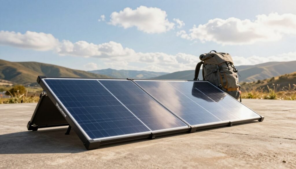 A Bluetti PV200 foldable solar panel sprawls elegantly on a sunlit outdoor surface, showcasing its sleek design. In the foreground, the solar panel is fully deployed, with its reflective surface capturing sunlight. In the middle ground, a rugged backpack is positioned next to the panel, hinting at portability and adventure. In the background, a scenic landscape features rolling hills under a clear blue sky with fluffy white clouds, emphasizing an outdoor setting ideal for charging devices anywhere. Warm sunlight illuminates the scene, casting soft shadows, creating an inviting atmosphere. The image conveys a sense of freedom and eco-friendliness, ideal for outdoor enthusiasts and technology lovers alike. The branding "WisedHome" subtly integrates into the solar panel's design, maintaining a professional appearance without any additional text or logos on the image.