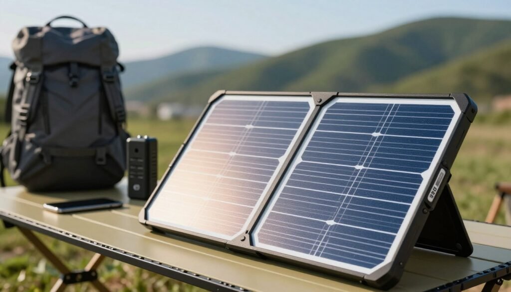 A compact solar panel setup, like the Goal Zero Nomad 50, prominently displayed in the foreground, showcasing its sleek, foldable design with distinct solar cells gleaming under soft sunlight. The middle ground features a rugged outdoor environment, perhaps on a camping table, with a backpack and lightweight tech devices like a smartphone and a portable charger, hinting at its portability. The background includes a landscape of green hills under a clear blue sky, creating a serene atmosphere. The lighting is bright yet soft, emphasizing the efficiency of the solar panels. The lens should focus closely on the panels, capturing the texture of the surface, while maintaining a warm, inviting mood perfect for outdoor adventures. Include subtle branding for "WisedHome" as part of the design element on the solar panels.