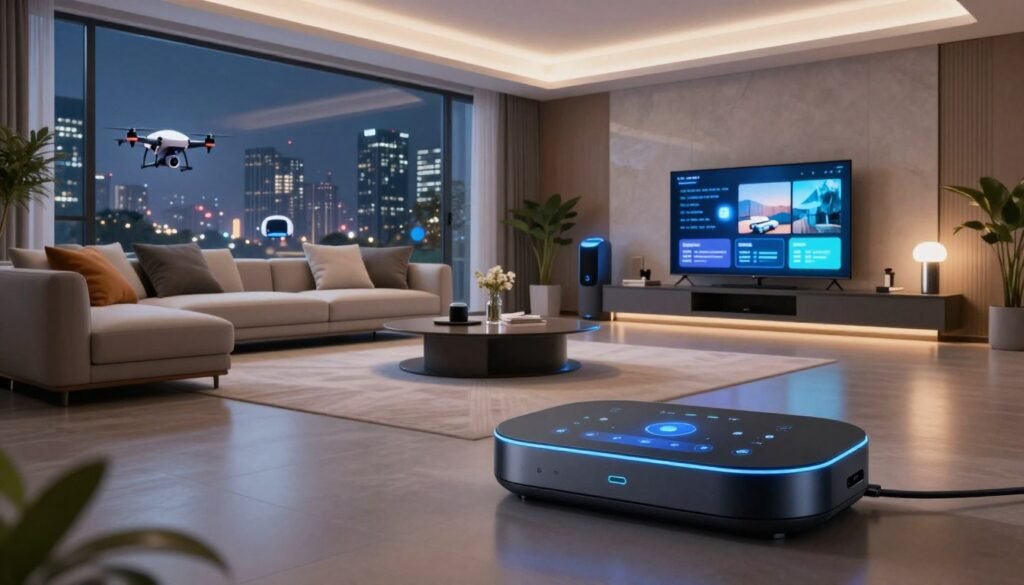 A modern, futuristic living room showcasing the future of smart home technology. In the foreground, a sleek, high-tech smart hub with a user-friendly interface, glowing softly. In the middle, a cozy seating area with stylish furniture, smart speakers, and interactive screens displaying home metrics. The background reveals large windows with a view of a smart city skyline, where drones and automated vehicles are visible. Soft, ambient lighting enhances the tech-savvy atmosphere, creating a welcoming yet advanced feel. The scene reflects a harmonious blend of comfort and innovation, emphasizing a lifestyle where technology seamlessly integrates into daily living. Use a wide-angle lens to capture the entire space, highlighting both the high-tech devices and the inviting home ambiance. A modern, futuristic living room showcasing the future of smart home technology. In the foreground, a sleek, high-tech smart hub with a user-friendly interface, glowing softly. In the middle, a cozy seating area with stylish furniture, smart speakers, and interactive screens displaying home metrics. The background reveals large windows with a view of a smart city skyline, where drones and automated vehicles are visible. Soft, ambient lighting enhances the tech-savvy atmosphere, creating a welcoming yet advanced feel. The scene reflects a harmonious blend of comfort and innovation, emphasizing a lifestyle where technology seamlessly integrates into daily living. Use a wide-angle lens to capture the entire space, highlighting both the high-tech devices and the inviting home ambiance.