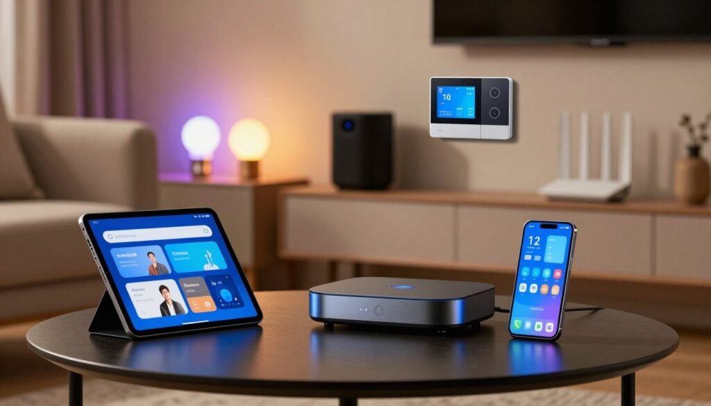 A modern living room showcasing the latest smart home devices, with a sleek smart hub prominently displayed on a coffee table. In the foreground, highlight a stylish tablet and a smartphone, both showing interactive smart home interfaces. The middle layer features an elegant smart thermostat mounted on the wall, and a smart speaker blending seamlessly with the decor. In the background, softly illuminated smart light bulbs glow in ambient colors, and futuristic Wi-Fi routers are integrated into the design. Use warm, inviting lighting with a soft-focus lens effect to create a cozy yet high-tech atmosphere. Capture the essence of cutting-edge technology in home automation, emphasizing ease and sophistication without any people present. A modern living room showcasing the latest smart home devices, with a sleek smart hub prominently displayed on a coffee table. In the foreground, highlight a stylish tablet and a smartphone, both showing interactive smart home interfaces. The middle layer features an elegant smart thermostat mounted on the wall, and a smart speaker blending seamlessly with the decor. In the background, softly illuminated smart light bulbs glow in ambient colors, and futuristic Wi-Fi routers are integrated into the design. Use warm, inviting lighting with a soft-focus lens effect to create a cozy yet high-tech atmosphere. Capture the essence of cutting-edge technology in home automation, emphasizing ease and sophistication without any people present.