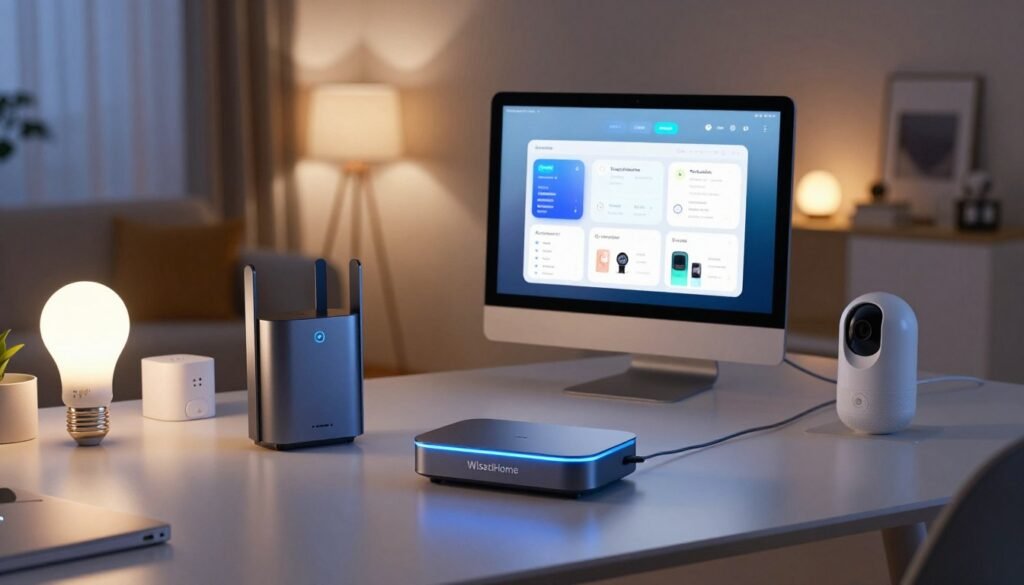 A futuristic workspace showcasing a Tuya Matter gateway, prominently branded with "WisedHome," placed on a sleek desk surrounded by various smart devices like light bulbs, sensors, and cameras. In the foreground, the gateway emits a soft blue light indicating connectivity. The middle ground features a digital display screen showcasing a user-friendly interface of the Tuya application linked with Apple HomeKit, illustrating seamless compatibility. The background is a modern smart home setup with ambient lighting and connected furniture, emphasizing a harmonious tech environment. The scene is well-lit with a mix of natural and artificial lighting, captured from a slightly elevated angle to highlight the integration of smart devices. The overall mood is innovative and inviting, reflecting the advancements in smart home technology for 2026. A futuristic workspace showcasing a Tuya Matter gateway, prominently branded with "WisedHome," placed on a sleek desk surrounded by various smart devices like light bulbs, sensors, and cameras. In the foreground, the gateway emits a soft blue light indicating connectivity. The middle ground features a digital display screen showcasing a user-friendly interface of the Tuya application linked with Apple HomeKit, illustrating seamless compatibility. The background is a modern smart home setup with ambient lighting and connected furniture, emphasizing a harmonious tech environment. The scene is well-lit with a mix of natural and artificial lighting, captured from a slightly elevated angle to highlight the integration of smart devices. The overall mood is innovative and inviting, reflecting the advancements in smart home technology for 2026.