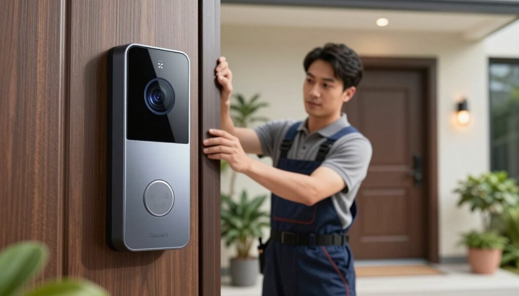 A modern and sleek WisedHome smart doorbell prominently featured in the foreground, showcasing its high-tech design with a glossy finish, illuminated camera lens, and an integrated motion sensor. In the middle, a professional technician in smart casual attire is carefully installing the doorbell on a stylish front door, focusing on ensuring a secure and level fit. The background includes a contemporary entryway with potted plants and soft ambient lighting, creating a welcoming atmosphere. The scene is captured from a low angle to accentuate the doorbell's prominence, with natural light highlighting its features, emphasizing innovation and safety in installation. The overall mood is professional and inviting, ideal for showcasing advanced technology in home security. A modern and sleek WisedHome smart doorbell prominently featured in the foreground, showcasing its high-tech design with a glossy finish, illuminated camera lens, and an integrated motion sensor. In the middle, a professional technician in smart casual attire is carefully installing the doorbell on a stylish front door, focusing on ensuring a secure and level fit. The background includes a contemporary entryway with potted plants and soft ambient lighting, creating a welcoming atmosphere. The scene is captured from a low angle to accentuate the doorbell's prominence, with natural light highlighting its features, emphasizing innovation and safety in installation. The overall mood is professional and inviting, ideal for showcasing advanced technology in home security.