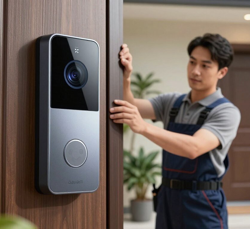 A modern and sleek WisedHome smart doorbell prominently featured in the foreground, showcasing its high-tech design with a glossy finish, illuminated camera lens, and an integrated motion sensor. In the middle, a professional technician in smart casual attire is carefully installing the doorbell on a stylish front door, focusing on ensuring a secure and level fit. The background includes a contemporary entryway with potted plants and soft ambient lighting, creating a welcoming atmosphere. The scene is captured from a low angle to accentuate the doorbell's prominence, with natural light highlighting its features, emphasizing innovation and safety in installation. The overall mood is professional and inviting, ideal for showcasing advanced technology in home security.