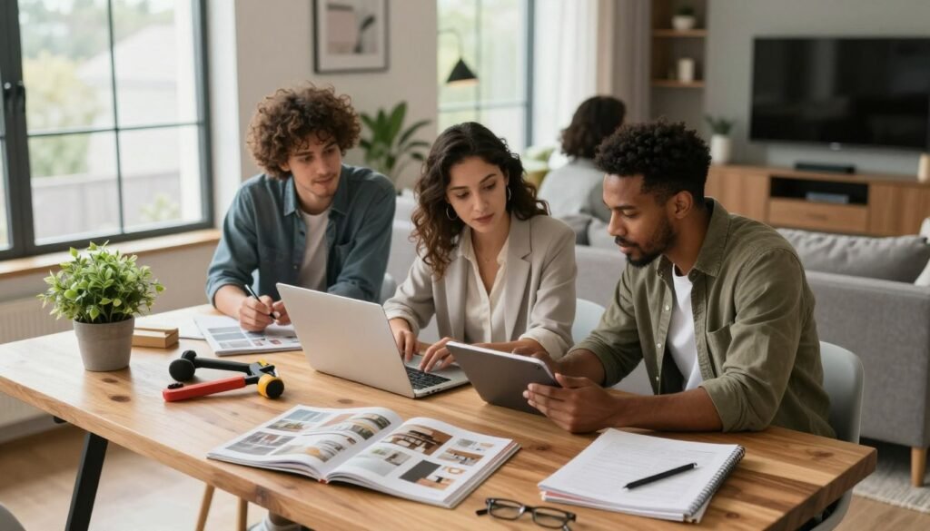 A modern home office setting featuring a diverse group of individuals, including a woman in professional attire and a man in smart casual clothing, collaboratively researching home improvement trends on laptops and tablets. The foreground shows a stylish wooden desk cluttered with tools, home design magazines, and a potted plant. In the middle, a large window bathes the space in natural light, enhancing the contemporary decor of the room. The background reflects a beautifully adorned home interior, showcasing partial glimpses of modern furniture and decorative elements. Capture a mood of inspiration and collaboration, with warm lighting to create an inviting atmosphere. Use a slightly elevated angle to provide a comprehensive view of the workspace.