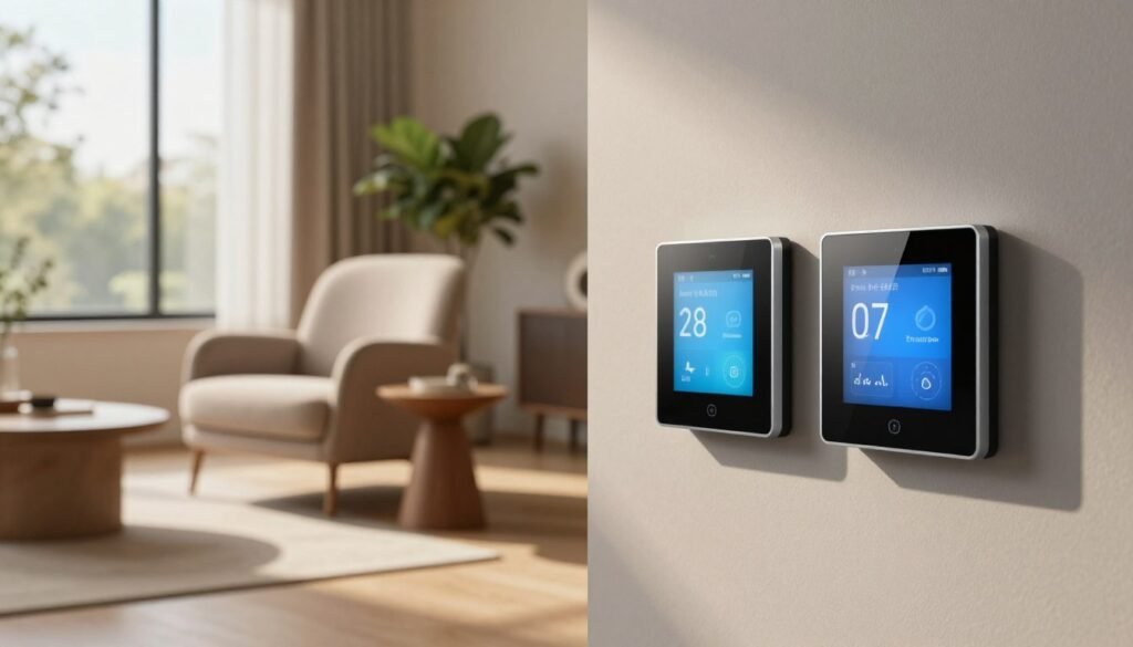 A modern living room featuring the latest smart home thermostats displayed prominently in the foreground. The thermostats showcase sleek, minimalist designs with touchscreen interfaces, set against a stylish and contemporary wall. In the middle ground, a cozy armchair and a stylish side table create an inviting atmosphere, while a potted plant adds a touch of greenery. The background shows a large window with natural light streaming in, illuminating the space and enhancing the modern aesthetic. Use soft, warm lighting to create a welcoming ambiance. Capture the scene from a slightly elevated angle to provide depth, focusing on how the thermostats integrate seamlessly into a contemporary home environment. The mood should feel high-tech yet comfortable, emphasizing the blend of technology and home comfort.