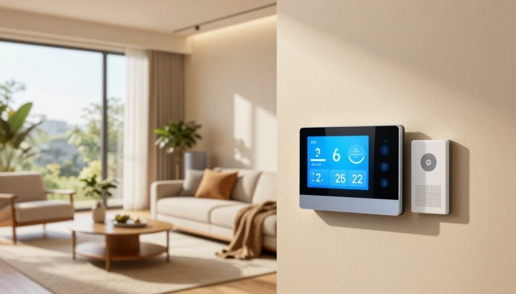 A modern living room showcasing advanced home climate control technology. In the foreground, a sleek, digital smart thermostat with a vibrant touchscreen display is mounted on the wall, surrounded by stylish decor. To the right, an unobtrusive room sensor blends seamlessly into the aesthetic, capturing real-time data on temperature and air quality. In the middle ground, large windows allow natural light to stream in, highlighting the open space filled with minimalist furniture. Potted plants add a touch of nature. The background features a smart speaker, reiterating the room's smart technology theme. The lighting is warm and inviting, creating a cozy atmosphere. Capture this scene from a slightly elevated angle to emphasize both the thermostat and the harmonious room design.