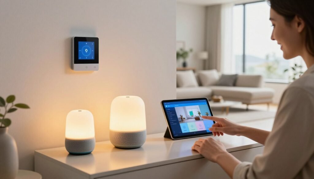 A modern living room showcasing an advanced home automation system. In the foreground, a smiling person in professional casual attire interacts with a sleek, futuristic smart speaker, possibly an Amazon Alexa, Google Home, or Apple HomeKit device. In the middle ground, various smart home devices are strategically placed: smart lights casting a warm, inviting glow, a smart thermostat displayed on a wall, and a tablet showing a room's automation scene creation interface. In the background, large windows allow natural light to flood the space, enhancing the clean, minimalist design of the room. The atmosphere is innovative and welcoming, highlighting the convenience and efficiency of home automation technology. The scene should have soft lighting to create a comfortable ambiance, with a focus on the interaction between the individual and the technology.