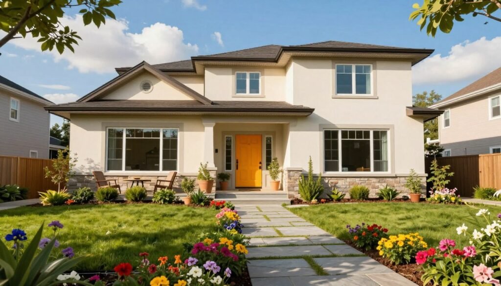 A modern suburban home showcasing enhanced curb appeal. In the foreground, a beautifully manicured garden filled with colorful flowers and lush greenery framed by a stylish stone walkway. The middle ground features a contemporary front porch with sleek furniture, potted plants, and a welcoming front door painted in a cheerful hue. The house boasts a fresh coat of paint with large windows that reflect the sunlight. In the background, a bright blue sky with fluffy white clouds complements the vibrant colors of the exterior. The scene is bathed in warm, natural light, captured from a slightly low angle to emphasize the height and grandeur of the home, evoking a sense of warmth and inviting modern elegance.