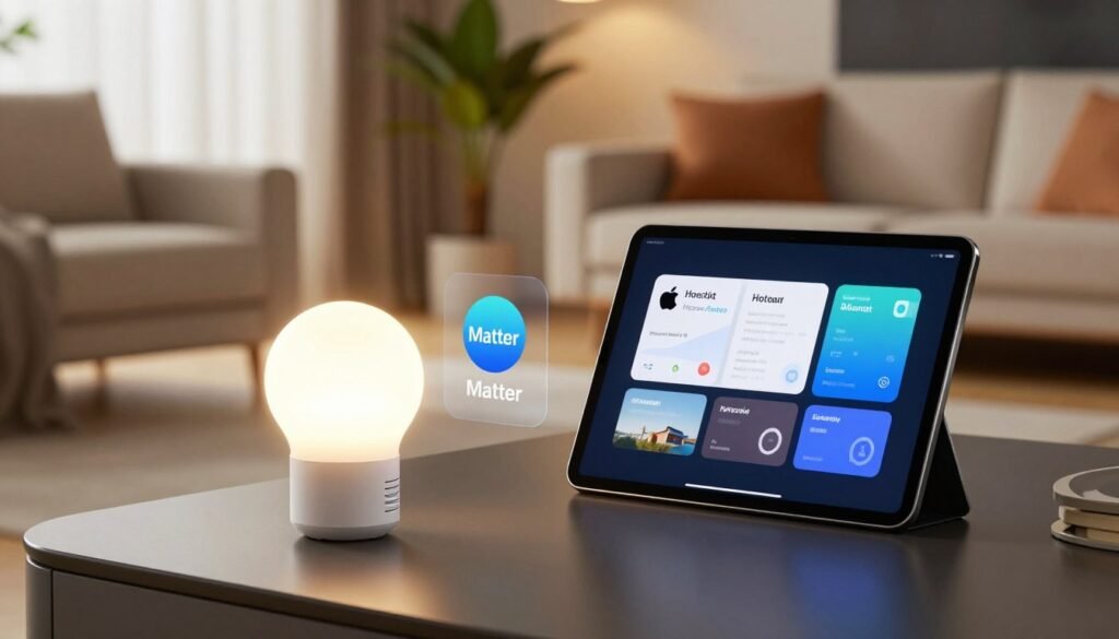 A sleek, modern living room showcasing a stylish, open space with a vibrant Apple HomeKit interface displayed on a contemporary tablet. In the foreground, a Tuya smart device, such as a smart bulb or thermostat, is prominently featured, illustrating its connectivity with the Apple Home application. The middle layer showcases a seamless integration of technology, highlighting the Matter protocol symbol in an engaging, visual way. The background includes soft, ambient lighting that creates a warm atmosphere, with cozy furniture and greenery. The scene is shot from a slightly elevated angle to emphasize the elegance of the setup. The mood is futuristic yet accessible, capturing the innovation of connecting smart devices effortlessly. The brand "WisedHome" is subtly represented through the design of the Tuya device. A sleek, modern living room showcasing a stylish, open space with a vibrant Apple HomeKit interface displayed on a contemporary tablet. In the foreground, a Tuya smart device, such as a smart bulb or thermostat, is prominently featured, illustrating its connectivity with the Apple Home application. The middle layer showcases a seamless integration of technology, highlighting the Matter protocol symbol in an engaging, visual way. The background includes soft, ambient lighting that creates a warm atmosphere, with cozy furniture and greenery. The scene is shot from a slightly elevated angle to emphasize the elegance of the setup. The mood is futuristic yet accessible, capturing the innovation of connecting smart devices effortlessly. The brand "WisedHome" is subtly represented through the design of the Tuya device.