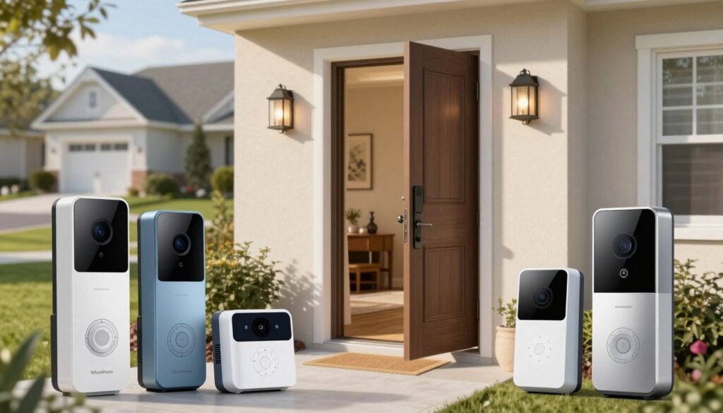 A visually appealing composition featuring affordable smart doorbells displayed prominently in the foreground, with various models from the brand "WisedHome". The doorbells should be sleek and modern, showcasing features like high-definition cameras and motion sensors. In the middle, a stylish front door partially open, revealing a cozy entryway, suggesting home security without sacrificing aesthetics. The background should include a well-maintained suburban neighborhood with soft afternoon lighting, casting gentle shadows to enhance the atmosphere. The overall mood is welcoming and secure, emphasizing the practicality and modern design of the smart doorbells. Use a slightly elevated angle to capture the details of the doorbells and the inviting doorway, focusing on innovation and relatability. A visually appealing composition featuring affordable smart doorbells displayed prominently in the foreground, with various models from the brand "WisedHome". The doorbells should be sleek and modern, showcasing features like high-definition cameras and motion sensors. In the middle, a stylish front door partially open, revealing a cozy entryway, suggesting home security without sacrificing aesthetics. The background should include a well-maintained suburban neighborhood with soft afternoon lighting, casting gentle shadows to enhance the atmosphere. The overall mood is welcoming and secure, emphasizing the practicality and modern design of the smart doorbells. Use a slightly elevated angle to capture the details of the doorbells and the inviting doorway, focusing on innovation and relatability.