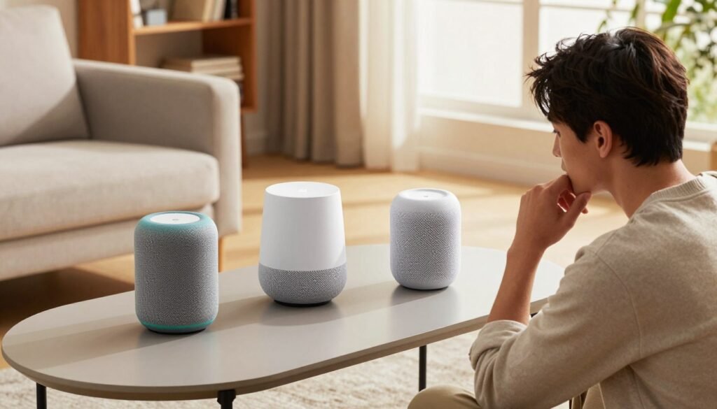 A well-lit, modern living room setting featuring three smart speakers: Amazon Alexa, Google Home, and Apple HomePod, arranged on a stylish coffee table. In the foreground, a young professional in smart casual attire observes the devices with a thoughtful expression, comparing their features. The middle ground showcases the speakers clearly, each displaying their signature design—Alexa's cylindrical shape, Google Home's smooth exterior, and HomePod's sleek look, with subtle brand colors illuminated softly. In the background, a cozy bookshelf and a large window let in warm, natural light, creating a welcoming atmosphere. The angle is slightly above eye level, giving a clear view of the speakers and emphasizing their usability. The overall mood is informative and engaging, perfect for a technology comparison.