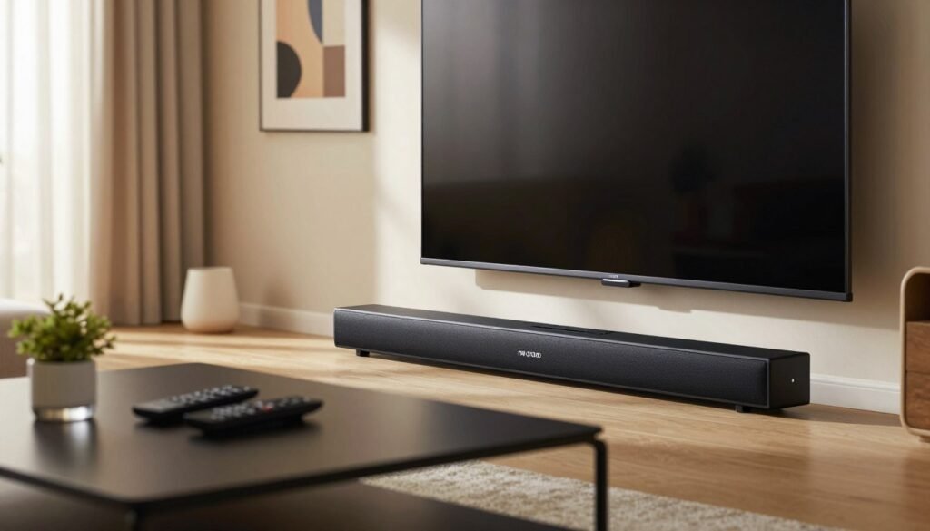 A Samsung HW-Q990D soundbar prominently displayed in a modern living room setting. In the foreground, the soundbar is sleek, black with subtle branding, positioned beneath a large flat-screen TV. The middle ground features a stylish coffee table with a few remote controls and a decorative plant, adding a touch of sophistication. In the background, walls adorned with framed art and soft, warm lighting create a cozy atmosphere. Dappled sunlight filters through sheer curtains, casting gentle shadows. The scene conveys a sense of high-quality audio experience, perfect for home entertainment enthusiasts, captured from a slightly elevated angle to emphasize the soundbar's design.