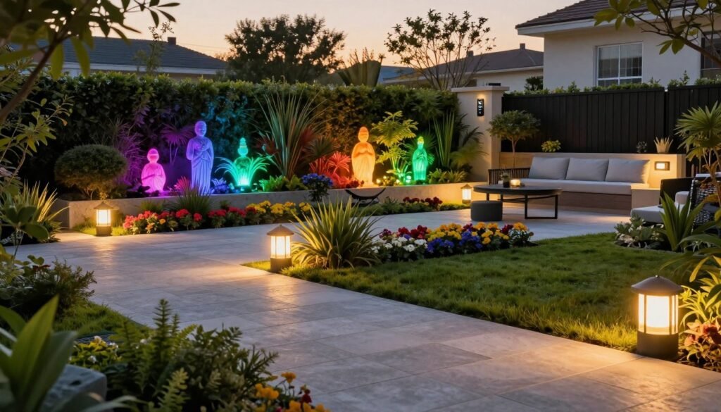 A beautifully landscaped yard illuminated by a sophisticated smart outdoor lighting system. In the foreground, an elegant stone pathway leads through lush greenery, with softly glowing LED lights embedded along the edges, creating a welcoming ambiance. The middle section showcases a variety of customizable light scenes, featuring vibrant hues that change dynamically, highlighting sculptures and flower beds. In the background, a smart lighting control panel is subtly integrated into a stylish outdoor furniture setup, indicating advanced technology at work. The scene is captured at dusk with a warm golden hour glow, enhancing the inviting atmosphere. Use a wide-angle lens to encapsulate the entire layout, focusing on the interplay of light and shadow, inspiring a sense of tranquility and personalization in outdoor space. A beautifully landscaped yard illuminated by a sophisticated smart outdoor lighting system. In the foreground, an elegant stone pathway leads through lush greenery, with softly glowing LED lights embedded along the edges, creating a welcoming ambiance. The middle section showcases a variety of customizable light scenes, featuring vibrant hues that change dynamically, highlighting sculptures and flower beds. In the background, a smart lighting control panel is subtly integrated into a stylish outdoor furniture setup, indicating advanced technology at work. The scene is captured at dusk with a warm golden hour glow, enhancing the inviting atmosphere. Use a wide-angle lens to encapsulate the entire layout, focusing on the interplay of light and shadow, inspiring a sense of tranquility and personalization in outdoor space.