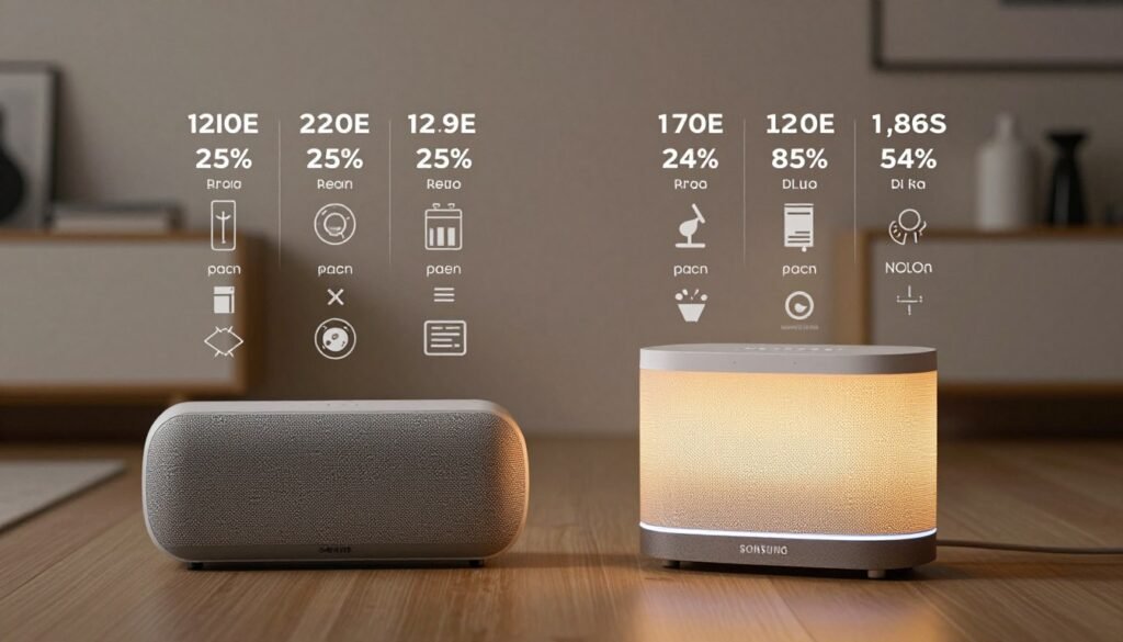 A detailed comparison of Sonos and Samsung speakers in a modern tech setting. In the foreground, display a sleek Sonos speaker and a stylish Samsung speaker side by side, both illuminated by a soft, warm light that highlights their design features. In the middle ground, show a creative infograph with price tags and feature icons hovering above each speaker, emphasizing their pricing and value. The background should be a minimalist, contemporary living room with subtle decor, creating an inviting atmosphere that suggests ownership and use of these speakers. The image should have a professional and informative mood, with a focus on clean lines and a balanced composition to draw attention to the speakers.