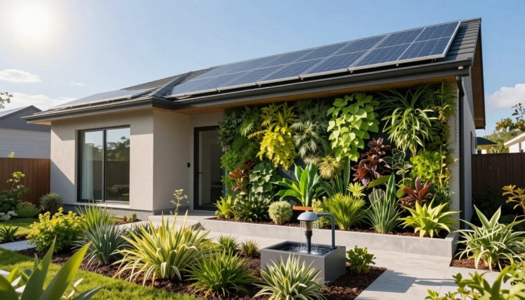 A modern, eco-friendly home exterior focusing on sustainable upgrades. In the foreground, feature a vibrant garden with native plants and a rainwater collection system. The middle ground showcases a sleek, solar panel roof and an innovative green wall, adorned with lush vertical garden vegetation. The background can be a clear blue sky with the sun shining bright, casting soft, natural lighting that highlights the home's energy-efficient windows. Capture the image from a slightly elevated angle, emphasizing the home's integration with nature. The mood is serene and inviting, reflecting a commitment to sustainability and lower resource use, creating a sense of harmony with the environment. A modern, eco-friendly home exterior focusing on sustainable upgrades. In the foreground, feature a vibrant garden with native plants and a rainwater collection system. The middle ground showcases a sleek, solar panel roof and an innovative green wall, adorned with lush vertical garden vegetation. The background can be a clear blue sky with the sun shining bright, casting soft, natural lighting that highlights the home's energy-efficient windows. Capture the image from a slightly elevated angle, emphasizing the home's integration with nature. The mood is serene and inviting, reflecting a commitment to sustainability and lower resource use, creating a sense of harmony with the environment.