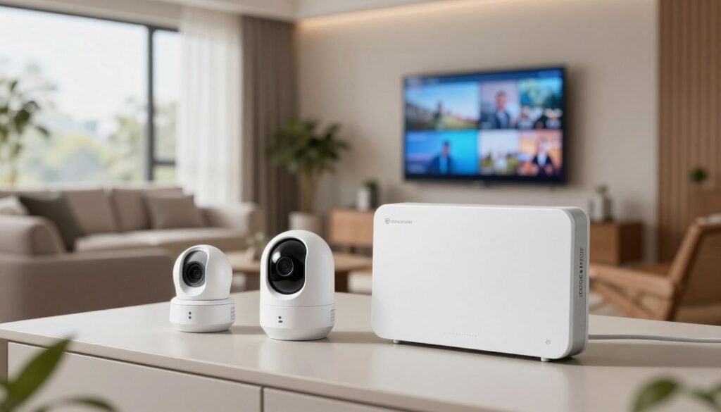 A modern wireless security system setup in a contemporary home environment. In the foreground, display sleek, high-tech equipment, including a security camera, motion sensors, and a control panel, all in a clean, minimalistic design. In the middle ground, depict a well-furnished living space with a smart display showing real-time monitoring feeds, conveying a sense of security and innovation. The background features large windows allowing natural light to flood the room, enhancing the atmosphere of safety and comfort. Use soft, ambient lighting to create a welcoming yet secure mood. Capture the scene from a slightly elevated angle to emphasize the interconnectedness of the security devices within the home. A modern wireless security system setup in a contemporary home environment. In the foreground, display sleek, high-tech equipment, including a security camera, motion sensors, and a control panel, all in a clean, minimalistic design. In the middle ground, depict a well-furnished living space with a smart display showing real-time monitoring feeds, conveying a sense of security and innovation. The background features large windows allowing natural light to flood the room, enhancing the atmosphere of safety and comfort. Use soft, ambient lighting to create a welcoming yet secure mood. Capture the scene from a slightly elevated angle to emphasize the interconnectedness of the security devices within the home.