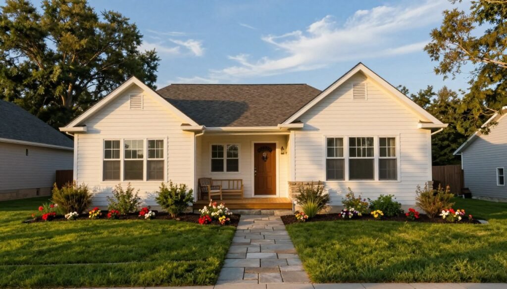 A picturesque suburban house showcases various exterior home improvements that enhance curb appeal and protection. In the foreground, a neatly landscaped front yard features vibrant flower beds and a well-maintained lawn, framed by a stylish pathway of natural stone. The middle ground highlights the house itself, with a fresh coat of paint on the siding, modern windows, and a newly installed door adorned with decorative elements. A wooden porch with comfortable seating invites relaxation. In the background, tall trees provide shade, and a clear blue sky filled with soft, wispy clouds creates a serene atmosphere. The lighting is warm and inviting, with golden hour sunlight casting gentle shadows. Capture this scene with a wide-angle lens for depth, ensuring a balanced composition that emphasizes the beauty and enhancements of the home. A picturesque suburban house showcases various exterior home improvements that enhance curb appeal and protection. In the foreground, a neatly landscaped front yard features vibrant flower beds and a well-maintained lawn, framed by a stylish pathway of natural stone. The middle ground highlights the house itself, with a fresh coat of paint on the siding, modern windows, and a newly installed door adorned with decorative elements. A wooden porch with comfortable seating invites relaxation. In the background, tall trees provide shade, and a clear blue sky filled with soft, wispy clouds creates a serene atmosphere. The lighting is warm and inviting, with golden hour sunlight casting gentle shadows. Capture this scene with a wide-angle lens for depth, ensuring a balanced composition that emphasizes the beauty and enhancements of the home.