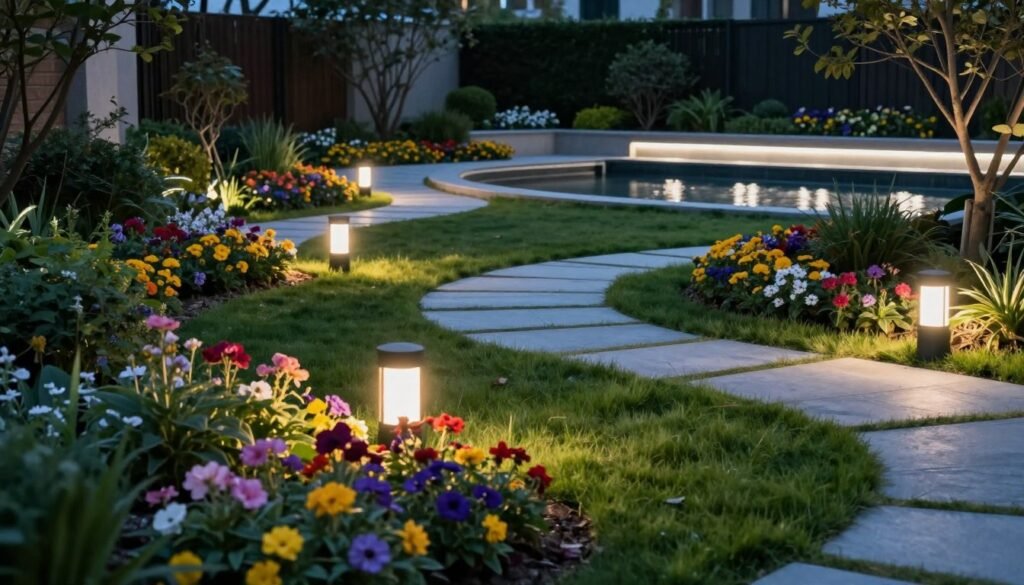 A serene evening scene showcasing a beautifully landscaped yard illuminated by automated LED landscape lighting. In the foreground, vibrant flower beds bloom with colorful flowers, their hues enhanced by soft, energy-efficient LED lights casting a gentle glow. In the middle, elegantly designed pathways are lined with sleek, modern LED fixtures, highlighting the contours of lush green grass and stepping stones. The background features a tranquil water feature, subtly lit by cool white LED lights that reflect off the water's surface, creating a peaceful ambiance. The scene is captured with a wide-angle lens, emphasizing the depth of the yard. The atmosphere is calm and inviting, ideal for relaxation and outdoor gatherings, showcasing the transformational power of smart lighting solutions. A serene evening scene showcasing a beautifully landscaped yard illuminated by automated LED landscape lighting. In the foreground, vibrant flower beds bloom with colorful flowers, their hues enhanced by soft, energy-efficient LED lights casting a gentle glow. In the middle, elegantly designed pathways are lined with sleek, modern LED fixtures, highlighting the contours of lush green grass and stepping stones. The background features a tranquil water feature, subtly lit by cool white LED lights that reflect off the water's surface, creating a peaceful ambiance. The scene is captured with a wide-angle lens, emphasizing the depth of the yard. The atmosphere is calm and inviting, ideal for relaxation and outdoor gatherings, showcasing the transformational power of smart lighting solutions.