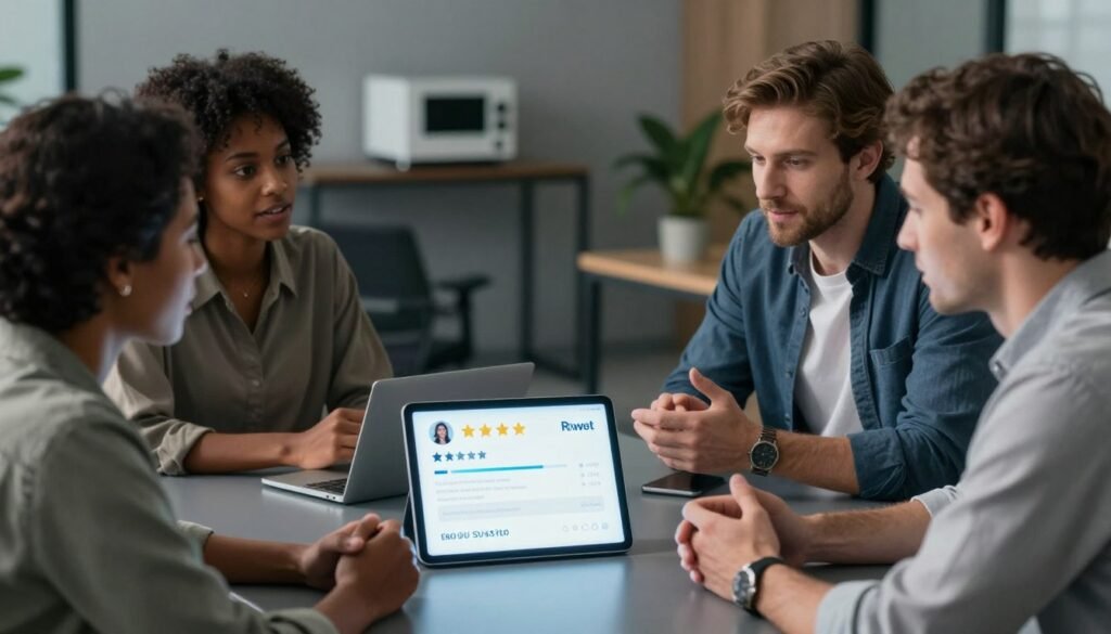 A visual representation of customer reviews for security systems, showcasing a diverse group of people discussing their experiences. In the foreground, a diverse trio of individuals—one Black woman and two Caucasian men—are seated around a sleek, modern table, each looking engaged while sharing feedback. The middle layer features a digital tablet displaying a glowing customer rating, accompanied by star icons to symbolize positive reviews, subtly reflecting the varying scores. In the background, soft lighting enhances a contemporary office setting with muted tones, emphasizing professionalism. The atmosphere is constructive and collaborative, conveying a sense of trust and reliability in customer support experiences. The angle is slightly above eye level, creating an inviting perspective. A visual representation of customer reviews for security systems, showcasing a diverse group of people discussing their experiences. In the foreground, a diverse trio of individuals—one Black woman and two Caucasian men—are seated around a sleek, modern table, each looking engaged while sharing feedback. The middle layer features a digital tablet displaying a glowing customer rating, accompanied by star icons to symbolize positive reviews, subtly reflecting the varying scores. In the background, soft lighting enhances a contemporary office setting with muted tones, emphasizing professionalism. The atmosphere is constructive and collaborative, conveying a sense of trust and reliability in customer support experiences. The angle is slightly above eye level, creating an inviting perspective.