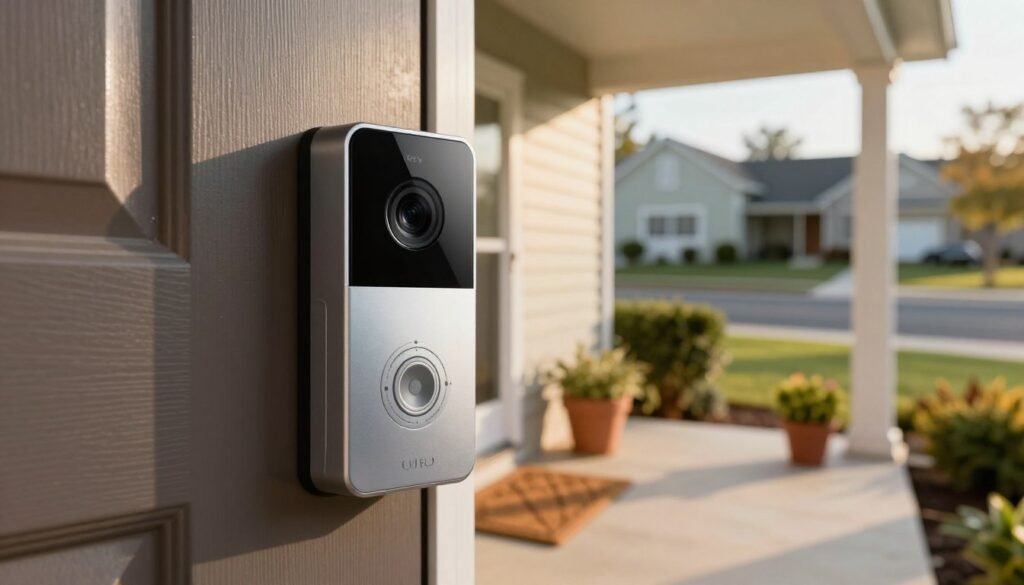 A close-up of the eufy Security Video Doorbell S330 showcasing its sleek, modern design. The doorbell is mounted on a stylish front door, with a high-resolution camera lens clearly visible. The foreground features the doorbell, highlighting its metallic finish and user-friendly interface. In the middle ground, a well-maintained porch with potted plants and a welcoming doormat enhances the homey atmosphere. The background includes a blurred suburban neighborhood bathed in warm, golden sunlight, creating a sense of security and comfort. The image is taken from a low angle, emphasizing the doorbell's prominence. A soft, inviting glow illuminates the scene, evoking a feeling of safety and innovation in home automation technology. A close-up of the eufy Security Video Doorbell S330 showcasing its sleek, modern design. The doorbell is mounted on a stylish front door, with a high-resolution camera lens clearly visible. The foreground features the doorbell, highlighting its metallic finish and user-friendly interface. In the middle ground, a well-maintained porch with potted plants and a welcoming doormat enhances the homey atmosphere. The background includes a blurred suburban neighborhood bathed in warm, golden sunlight, creating a sense of security and comfort. The image is taken from a low angle, emphasizing the doorbell's prominence. A soft, inviting glow illuminates the scene, evoking a feeling of safety and innovation in home automation technology.