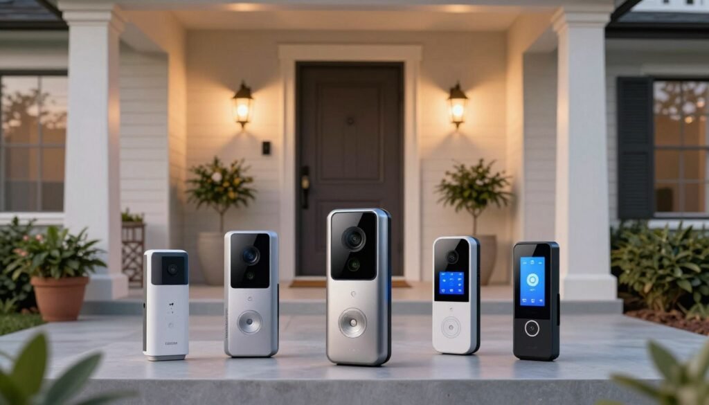 A collection of the latest smart doorbell models displayed elegantly on a sleek, modern porch. In the foreground, highlight three different doorbells showcasing their unique designs and features, such as high-definition cameras, motion sensors, and interactive displays. The middle ground includes a contemporary front door with a stylish door handle, set against a backdrop of a beautifully landscaped entrance featuring potted plants and soft outdoor lighting. The atmosphere is inviting, with a warm sunset glow illuminating the scene, creating a sense of safety and modernity. Use a wide-angle lens to capture the full elegance of the porch while keeping the focus sharp on the doorbells, conveying a sense of advanced technology and security. A collection of the latest smart doorbell models displayed elegantly on a sleek, modern porch. In the foreground, highlight three different doorbells showcasing their unique designs and features, such as high-definition cameras, motion sensors, and interactive displays. The middle ground includes a contemporary front door with a stylish door handle, set against a backdrop of a beautifully landscaped entrance featuring potted plants and soft outdoor lighting. The atmosphere is inviting, with a warm sunset glow illuminating the scene, creating a sense of safety and modernity. Use a wide-angle lens to capture the full elegance of the porch while keeping the focus sharp on the doorbells, conveying a sense of advanced technology and security.