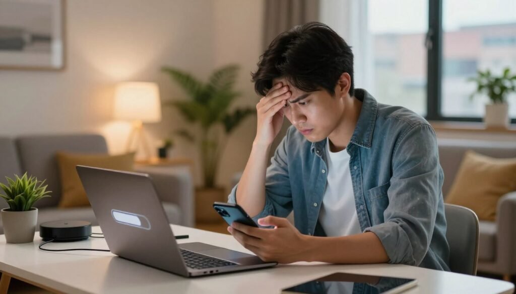 A focused young professional in casual attire is seated at a sleek modern desk in a cozy apartment living room, their expression a mix of determination and frustration. In the foreground, a laptop with a loading screen symbolizes the internet outage, while a smartphone is held in their hand, displaying connectivity issues. The middle ground features a well-decorated living space with greenery, a compact smart hub device on the desk, and scattered cables hinting at technology use. The background showcases a soft-lit window with urban scenery, adding to the homely feel. Warm, inviting lighting creates a relatable atmosphere of challenge and resilience. The scene is framed with a shallow depth of field to emphasize the renter's experience. A focused young professional in casual attire is seated at a sleek modern desk in a cozy apartment living room, their expression a mix of determination and frustration. In the foreground, a laptop with a loading screen symbolizes the internet outage, while a smartphone is held in their hand, displaying connectivity issues. The middle ground features a well-decorated living space with greenery, a compact smart hub device on the desk, and scattered cables hinting at technology use. The background showcases a soft-lit window with urban scenery, adding to the homely feel. Warm, inviting lighting creates a relatable atmosphere of challenge and resilience. The scene is framed with a shallow depth of field to emphasize the renter's experience.