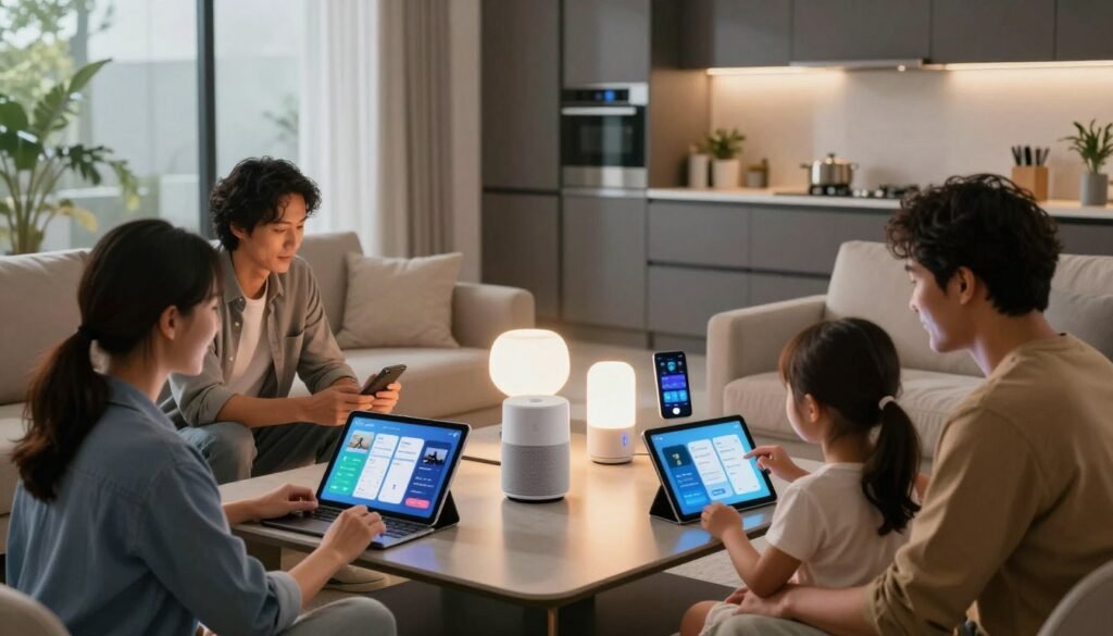 A modern living room showcasing a family interacting with smart home devices and phone platforms. In the foreground, a diverse group of three adults in smart casual attire are gathered around a sleek coffee table, engaging with tablets and smartphones displaying various home automation apps. In the middle ground, multiple smart home devices, like a voice assistant speaker, smart light bulbs, and a smart thermostat, are elegantly arranged, showing their interactive capabilities. The background features a stylish kitchen with connected appliances and a large window allowing natural light to filter in. The atmosphere is warm and inviting, with soft ambient lighting highlighting the technology and family interaction. A wide-angle perspective enhances the sense of space and innovation within this apartment. A modern living room showcasing a family interacting with smart home devices and phone platforms. In the foreground, a diverse group of three adults in smart casual attire are gathered around a sleek coffee table, engaging with tablets and smartphones displaying various home automation apps. In the middle ground, multiple smart home devices, like a voice assistant speaker, smart light bulbs, and a smart thermostat, are elegantly arranged, showing their interactive capabilities. The background features a stylish kitchen with connected appliances and a large window allowing natural light to filter in. The atmosphere is warm and inviting, with soft ambient lighting highlighting the technology and family interaction. A wide-angle perspective enhances the sense of space and innovation within this apartment.